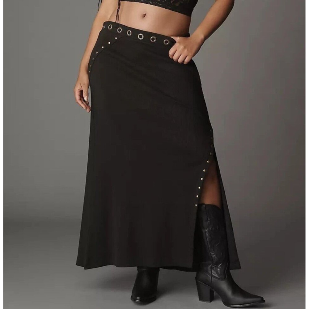 By Anthropologie Hardware Side-Slit Column Midi Skirt Studded Black MP 287717
